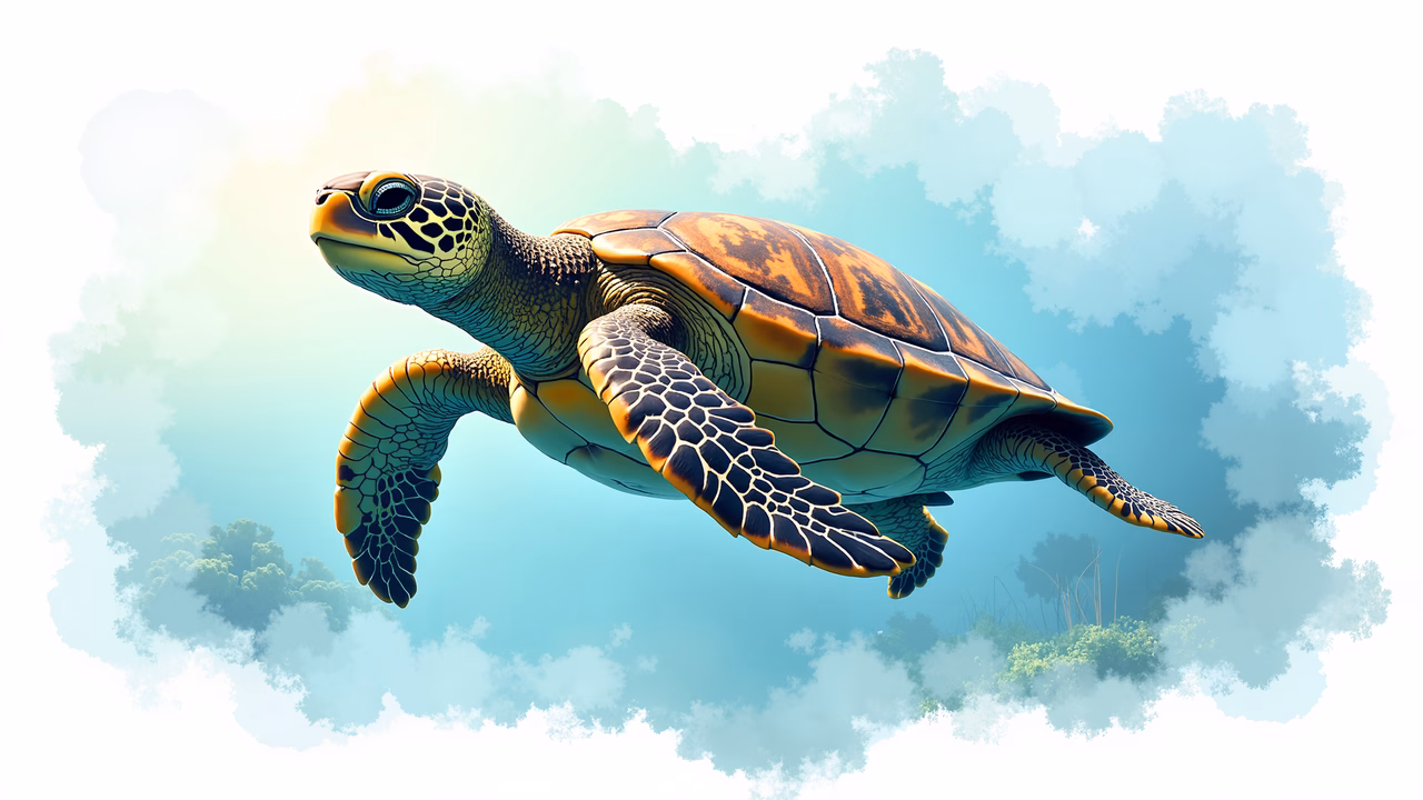 A surreal illustration of a sea turtle flying through a cloudy sky, featuring vibrant colors and a dreamy atmosphere. #seaTurtle #surrealism #artisticIllustration