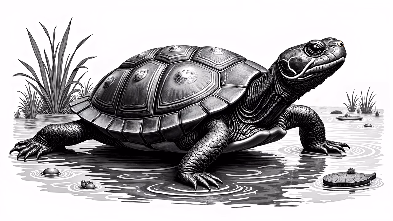 A realistic black-and-white illustration of a turtle in shallow water, surrounded by aquatic plants and ripples, emphasizing intricate details.