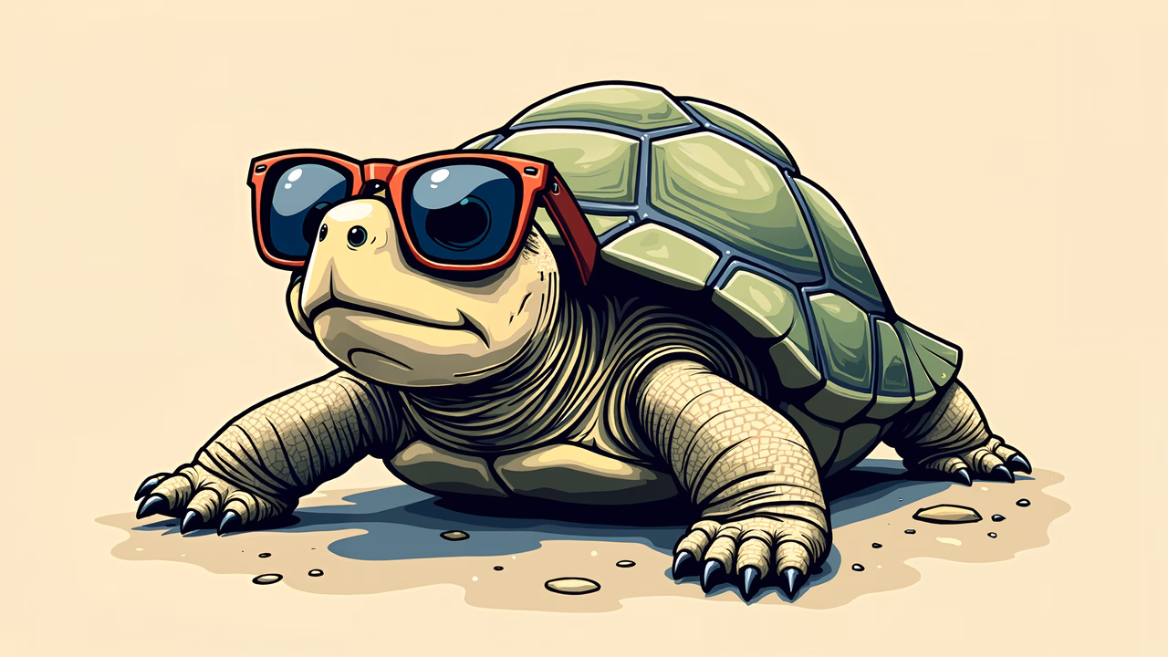 A playful illustration of a turtle wearing red sunglasses, set against a simple beige background, creating a fun and whimsical scene.