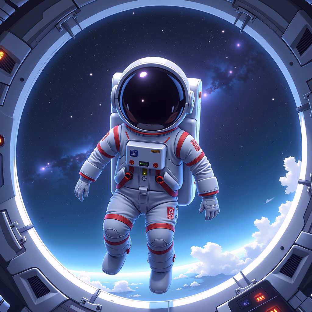 An astronaut in a white spacesuit with red accents floats through a circular space portal, set against a backdrop of stars, nebulae, and clouds, creating a sense of wonder and transition.