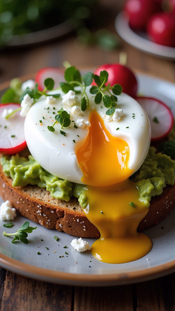 A delectable avocado toast topped with a poached egg, featuring a vibrant yolk spill, fresh herbs, and colorful vegetables, presented in a visually appealing manner.