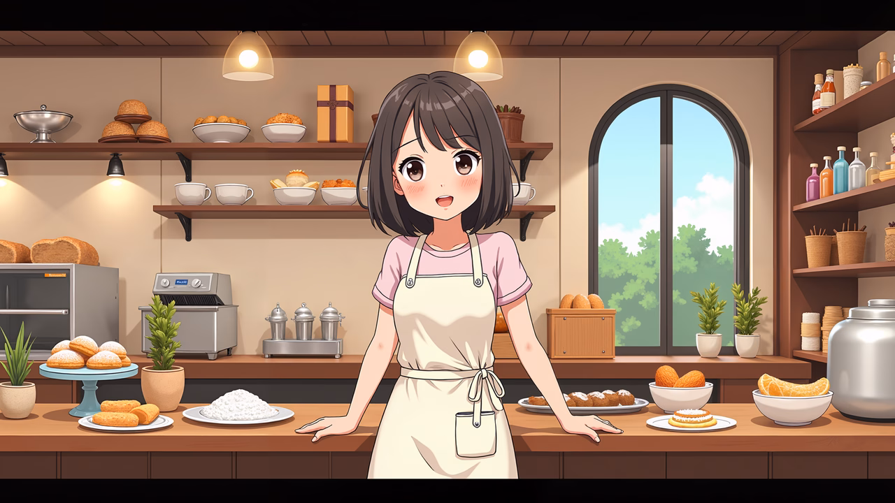 A cheerful cartoon girl stands behind a bakery counter filled with baked goods and ingredients, creating a cozy and inviting atmosphere with warm colors.