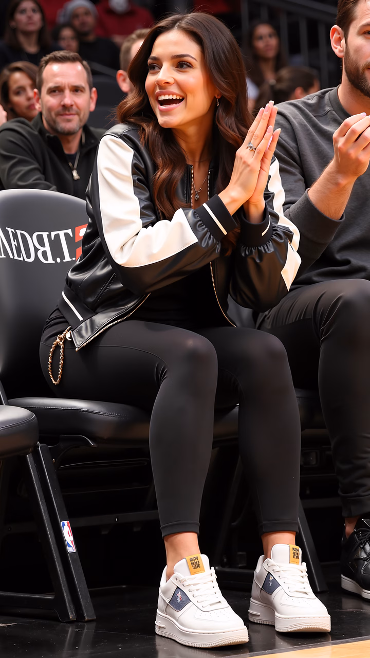 A woman in casual chic attire claps joyfully during a basketball game, surrounded by other spectators in a brightly lit arena.