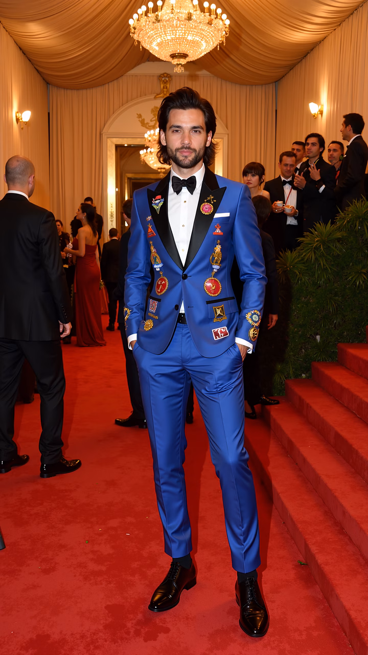 A man in a royal blue suit with colorful badges stands on a red carpet at a luxurious event, exuding confidence and elegance under warm lighting.