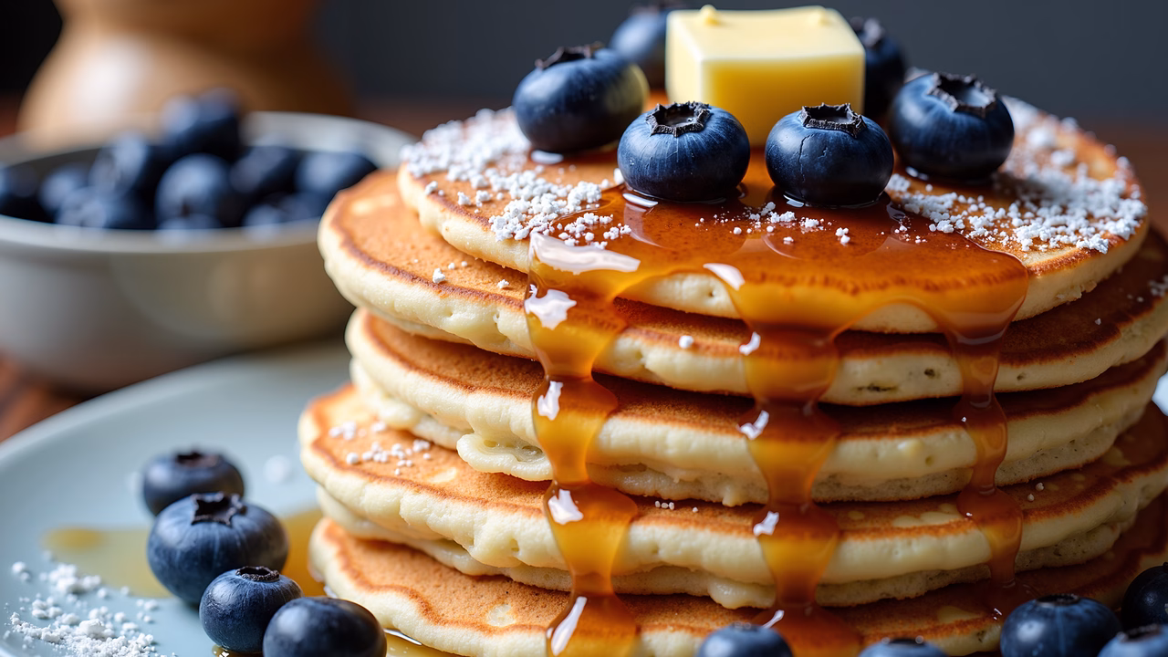 A delicious stack of golden pancakes topped with fresh blueberries, syrup, and powdered sugar, creating a visually appealing breakfast scene.