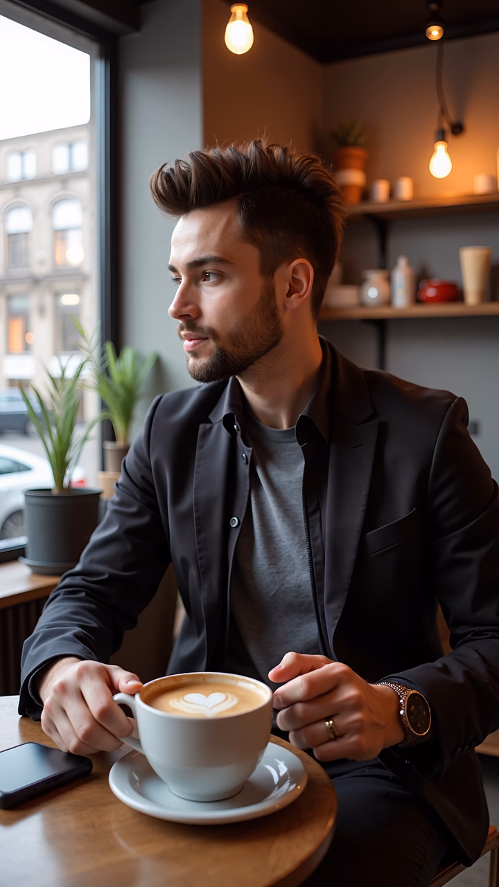 A man enjoys a coffee moment at a cozy cafe, dressed in a stylish black jacket, with warm lighting and a welcoming atmosphere.