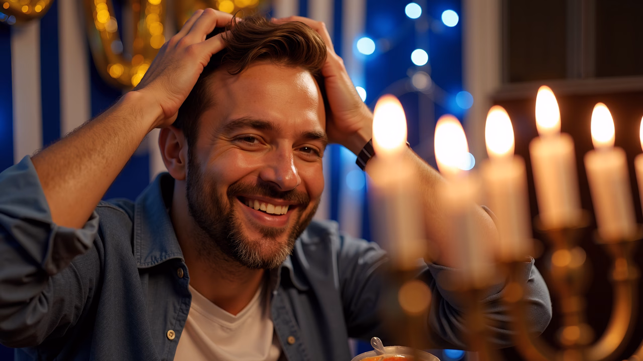 A man smiles joyfully with hands on his head, surrounded by warm candlelight and festive decorations, creating a cozy and celebratory atmosphere.