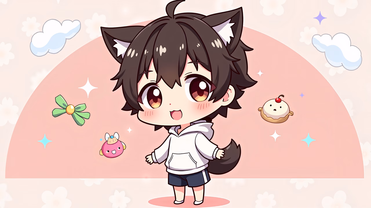A delightful chibi cat boy illustration with large eyes, playful pose, and whimsical elements against a soft pink background, creating a joyful and innocent vibe.