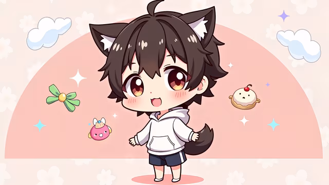 Chibi Cat Boy With Whimsical Elements