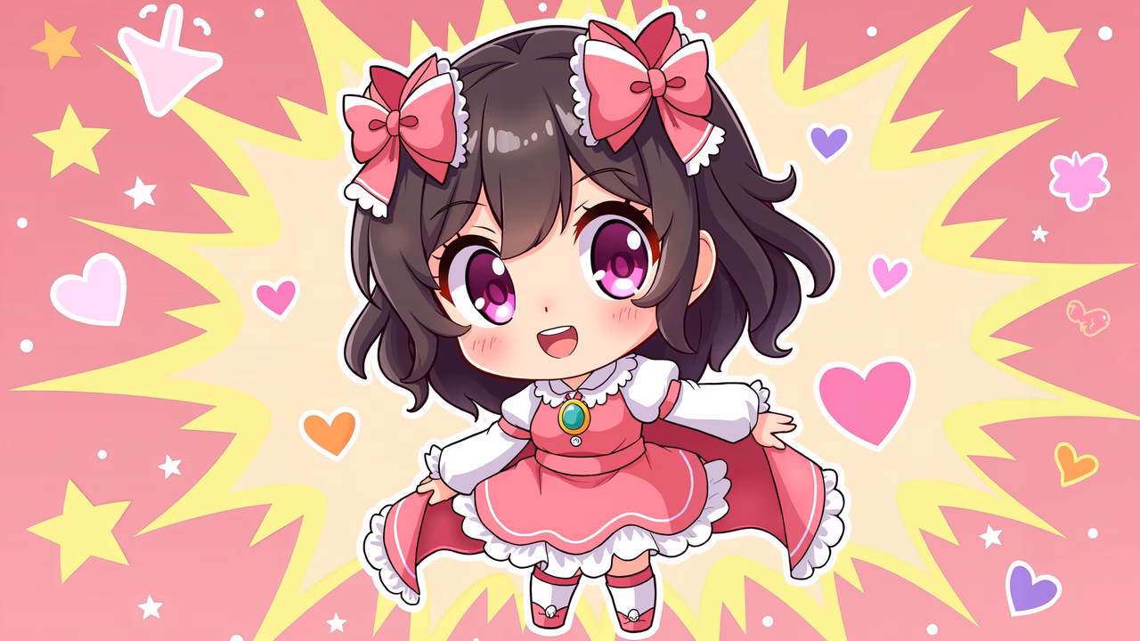 A delightful chibi girl with pink bows and a pink dress, set against a playful pink and yellow background filled with stars and hearts.