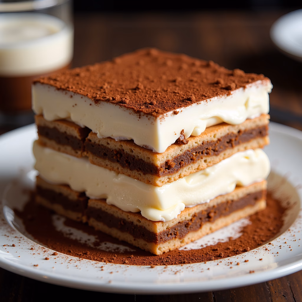 A decadent tiramisu dessert with layers of creamy mascarpone and coffee-soaked ladyfingers, dusted with cocoa powder, presented on a white plate against a dark background.