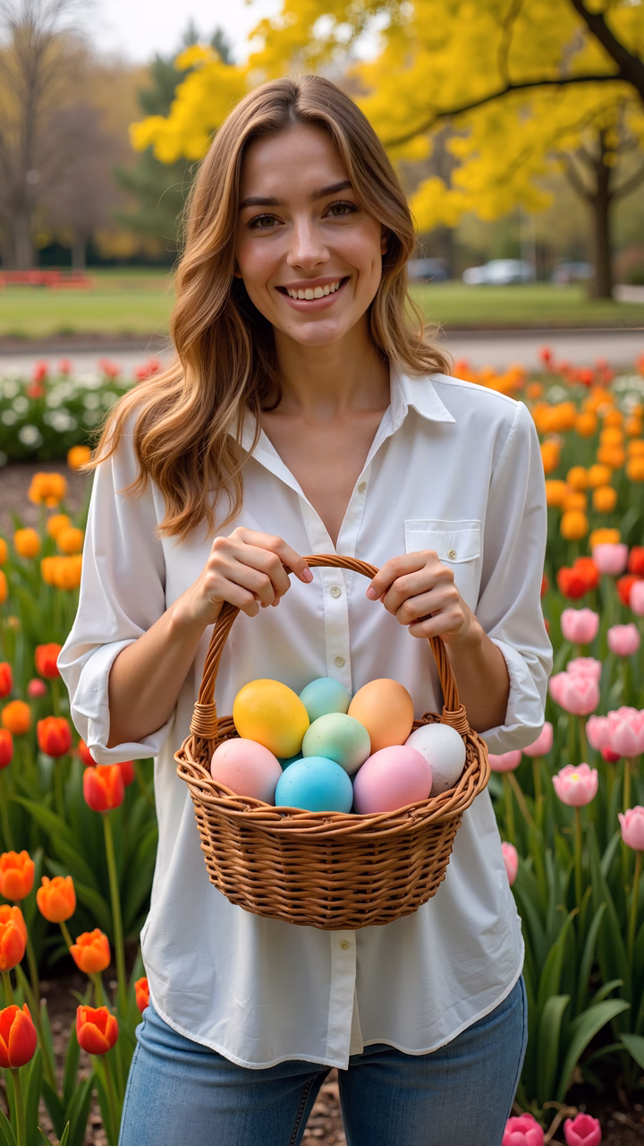 A young woman holding a basket of Easter eggs in a colorful spring garden filled with tulips, exuding happiness and warmth under soft sunlight.