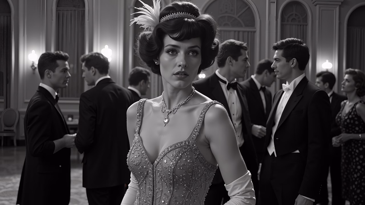 A striking black-and-white photo of a woman in a beaded gown at an elegant ballroom event, surrounded by men in tuxedos, exuding sophistication.