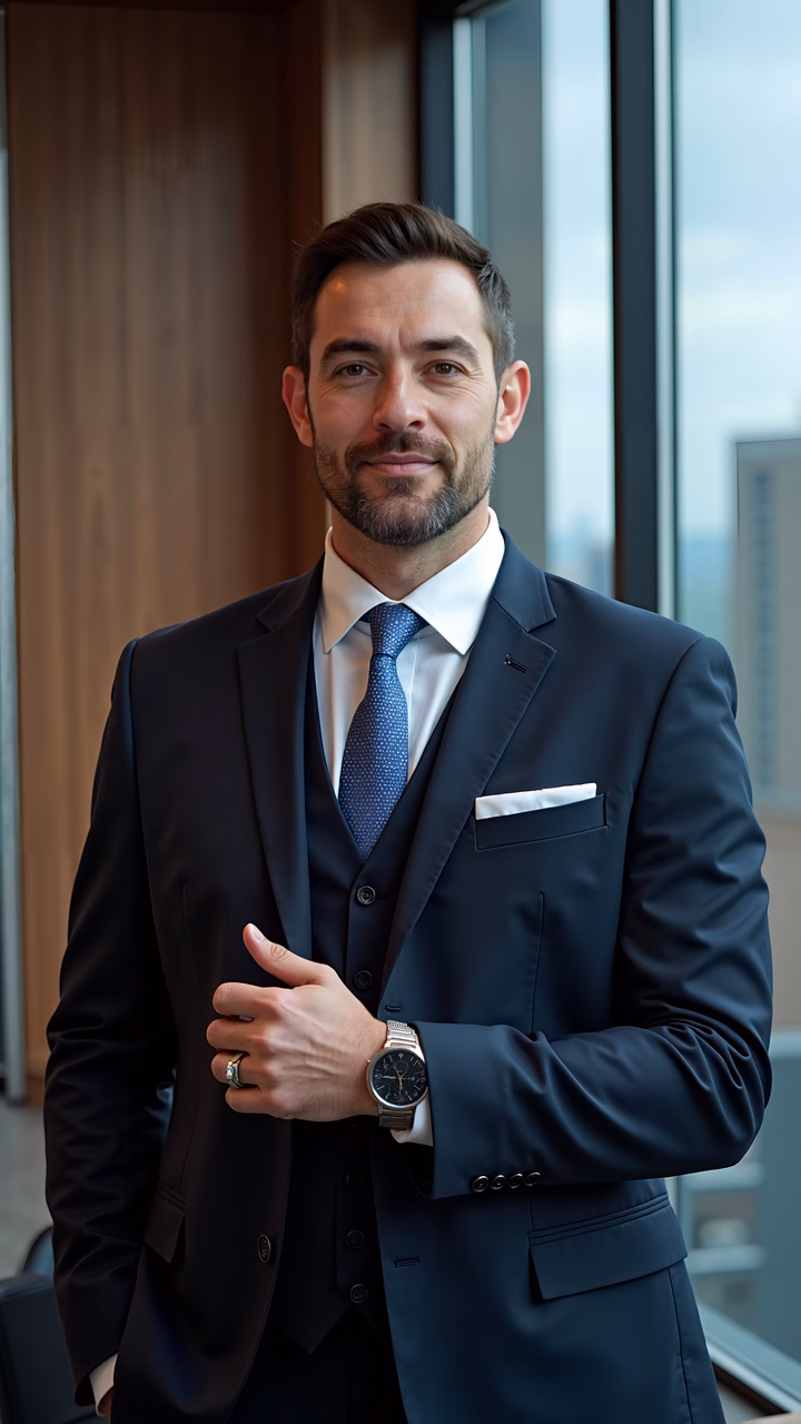 A professionally dressed businessman stands by a window, exuding confidence and authority in a navy blue suit and crisp white shirt, set against a modern office backdrop.