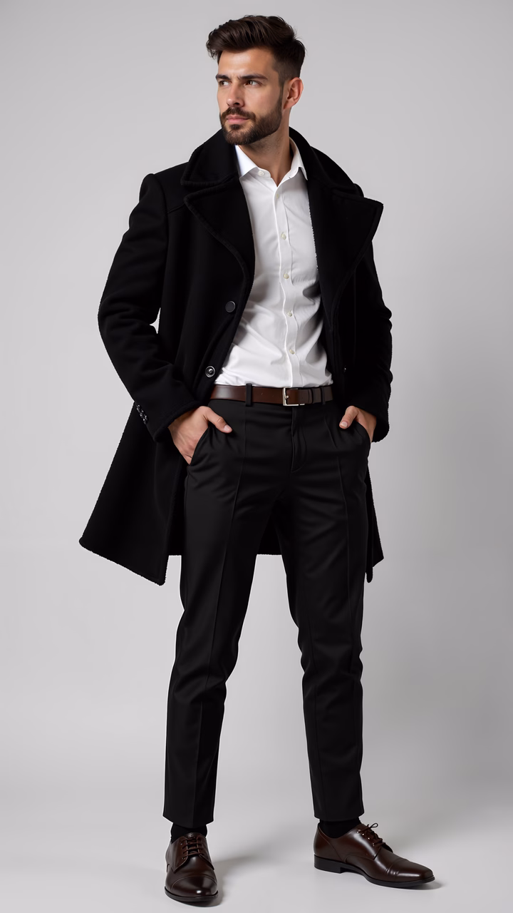 A sophisticated gentleman in a black coat stands confidently against a neutral gray background, showcasing a timeless and elegant fashion look.