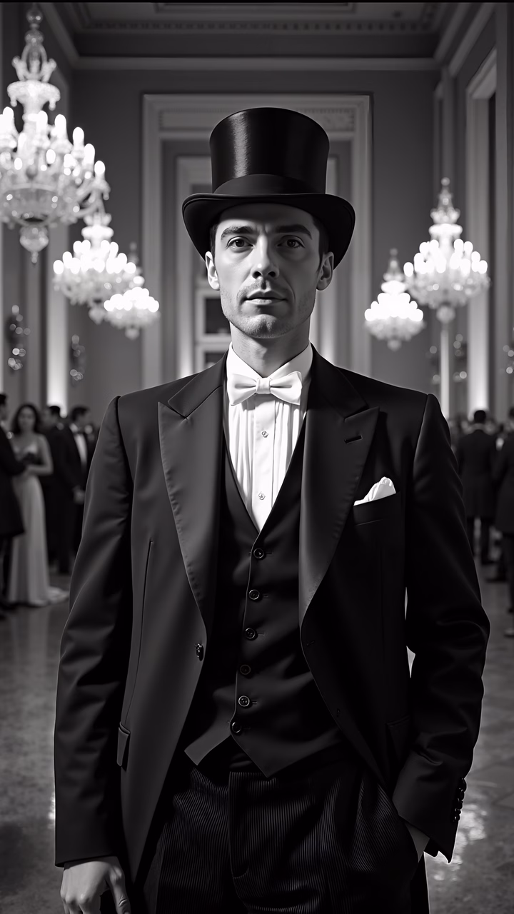A man in a tuxedo and top hat exudes elegance in a luxurious ballroom, captured in striking black and white photography.