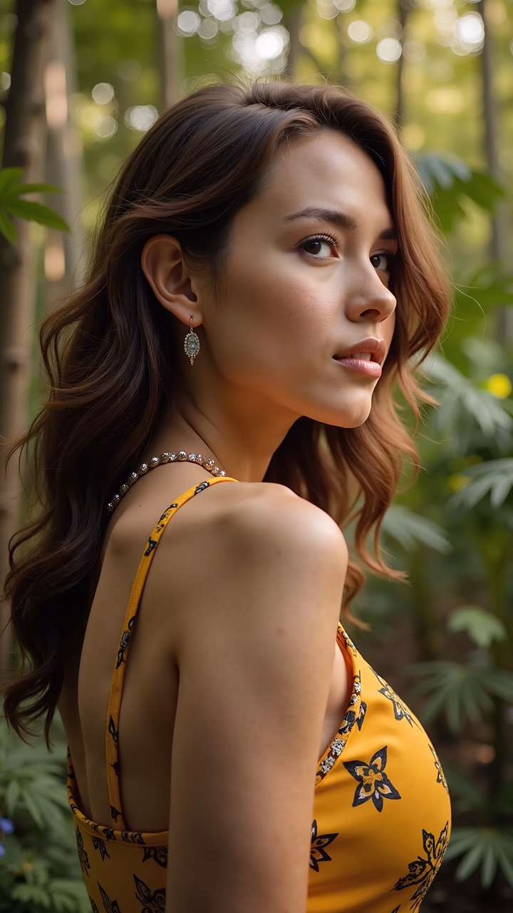 A woman in a yellow floral dress stands amidst a lush forest, bathed in soft light, creating a serene and enchanting portrait.