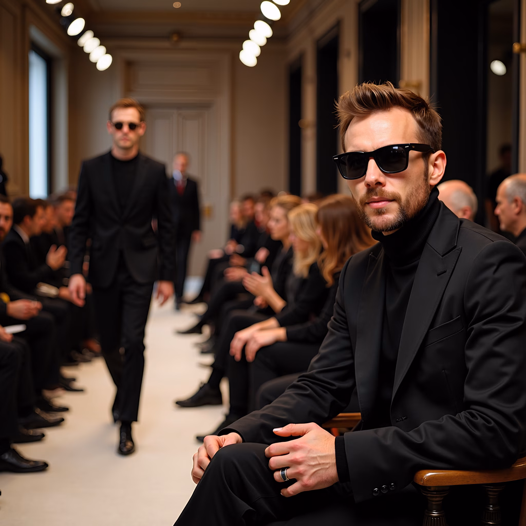 A stylish man in a black suit and sunglasses sits in the foreground at a fashion show, while another model walks down the runway in a similar outfit. The setting is an elegant room with warm lighting, creating a sophisticated atmosphere.