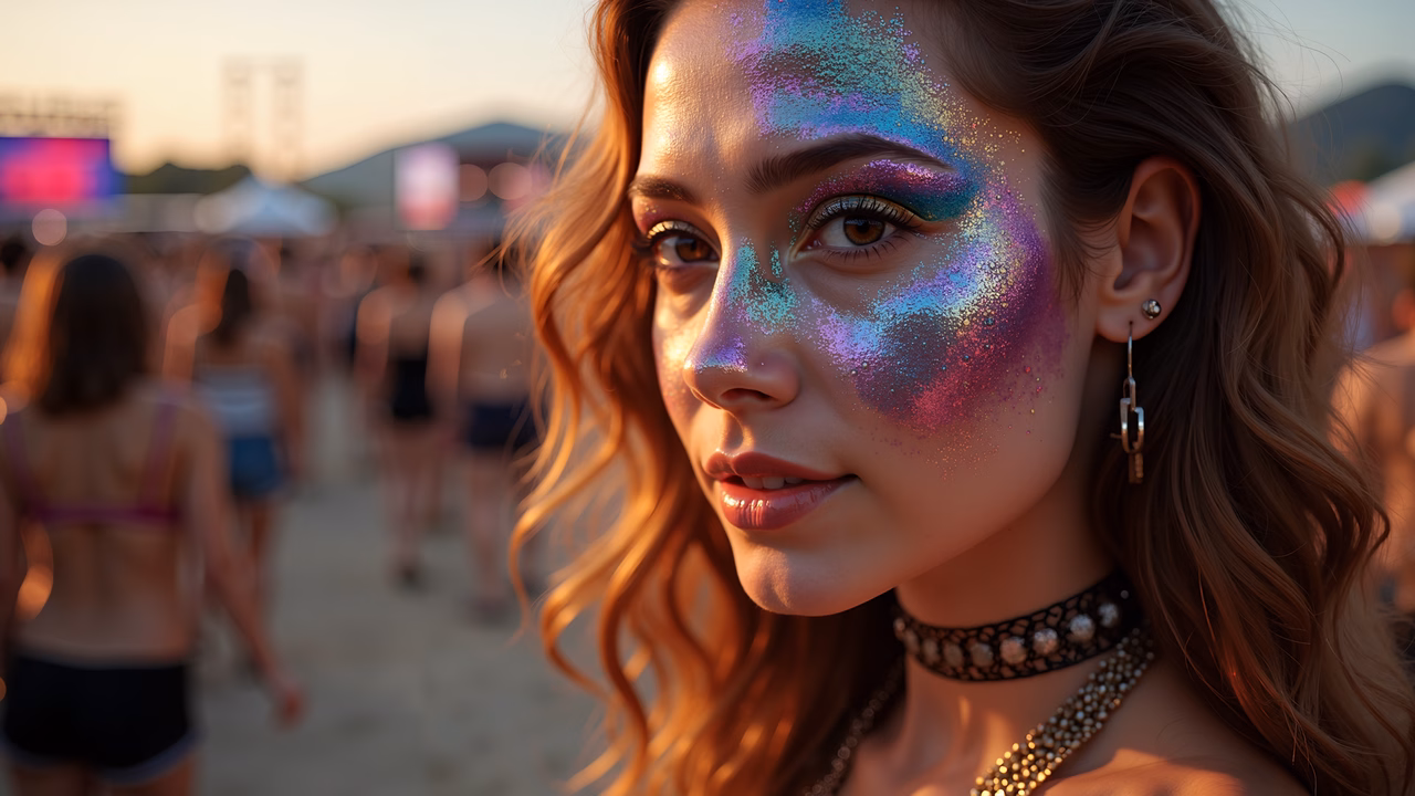 A close-up photo of a woman with colorful glitter makeup at a festival, bathed in warm sunlight, creating a dreamy and enchanting atmosphere.