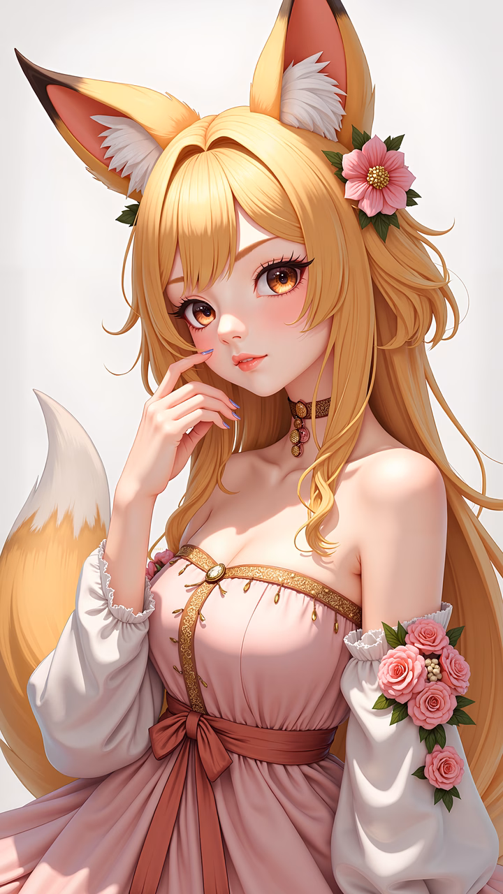 A captivating illustration of a fox-eared girl in a Renaissance dress, exuding charm and serenity with soft pastel colors and intricate details.