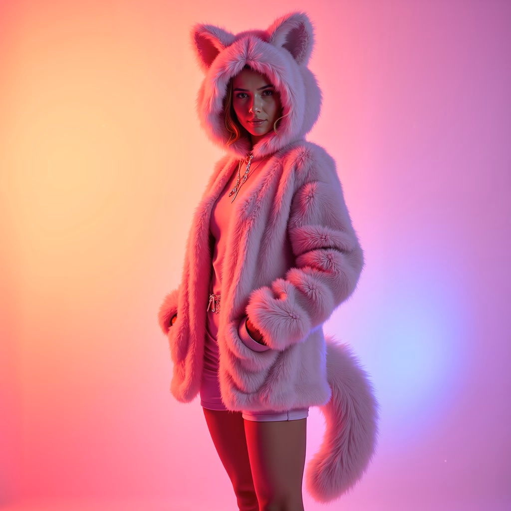 Illustration of a person in a furry fox hoodie against a neon gradient background, exuding confidence and individuality in a dreamy, surreal setting.