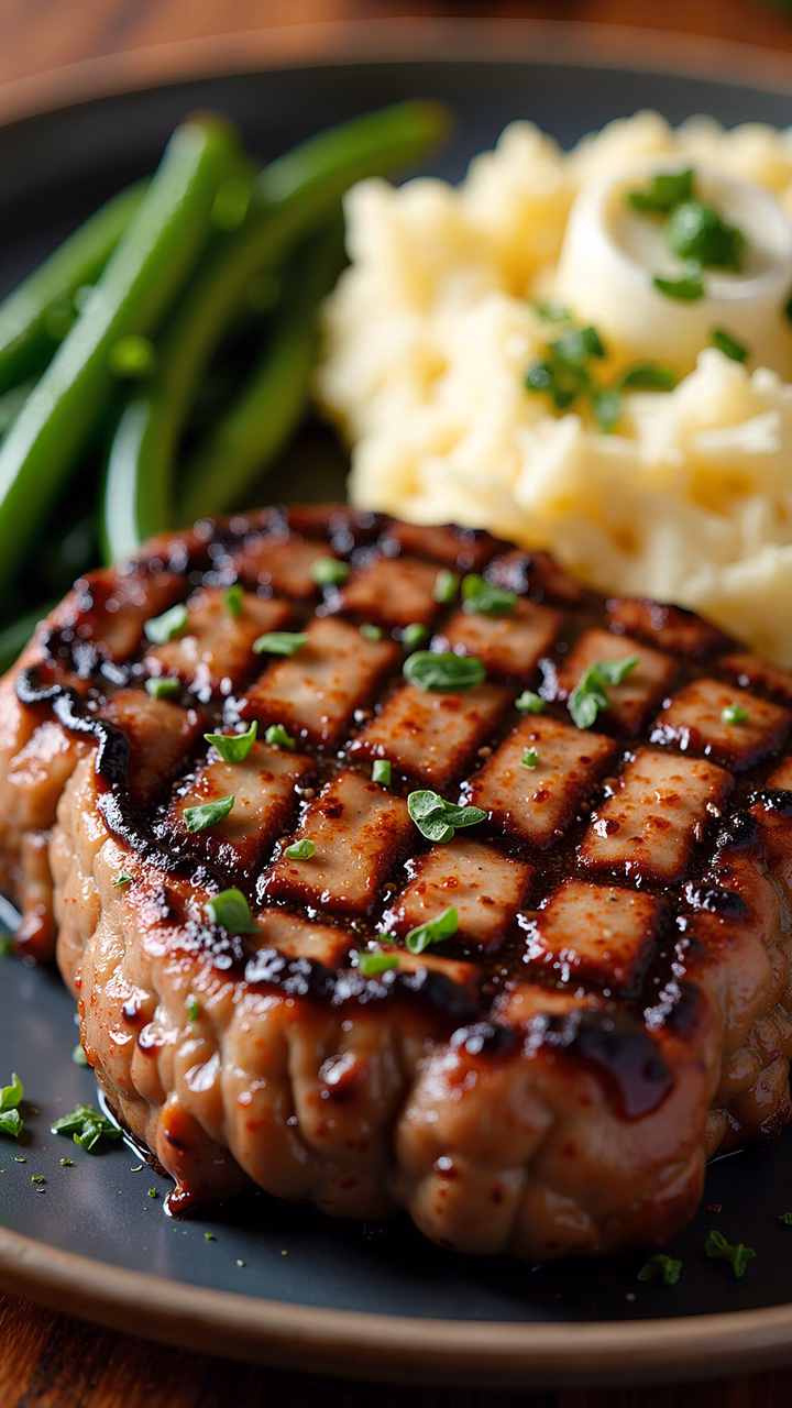 A delectable grilled steak with a charred grid pattern, served alongside creamy mashed potatoes and fresh green beans, creating a visually enticing meal.