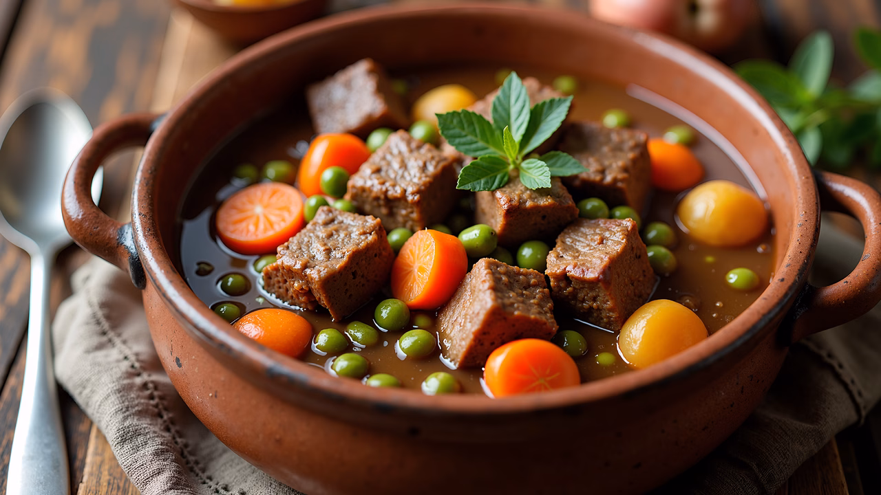 A comforting vegetable stew in a ceramic pot, featuring meat, carrots, peas, and potatoes, garnished with mint, set on a wooden table.