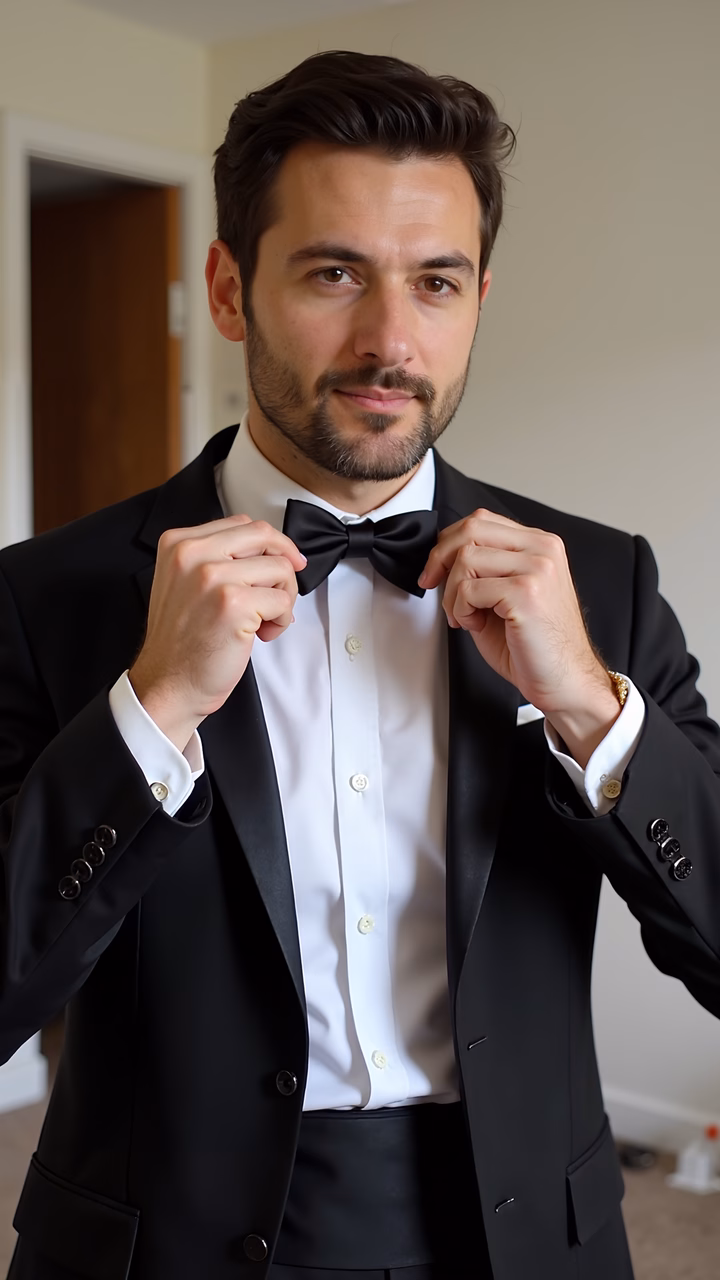 A man in a black tuxedo adjusting his bow tie, exuding sophistication and elegance against a neutral backdrop with soft lighting.