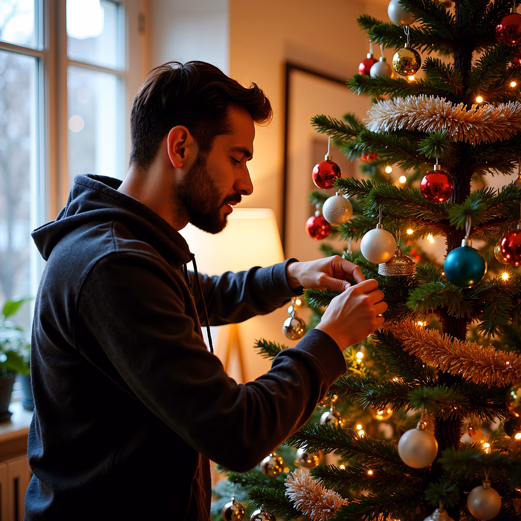 A man decorates a Christmas tree with colorful ornaments and lights, creating a warm and festive atmosphere in a cozy room with snowy views outside.