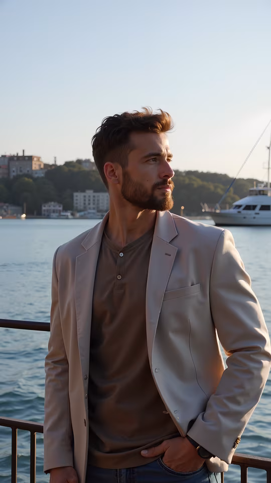 Man In Beige Suit By The Water