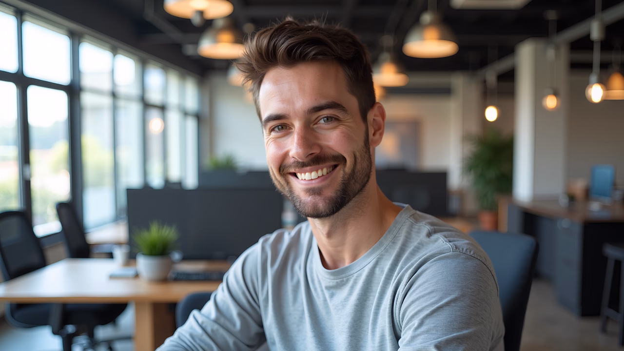 A smiling man in a modern office with large windows, contemporary furniture, and a bright, inviting atmosphere. Professional yet relaxed vibe.