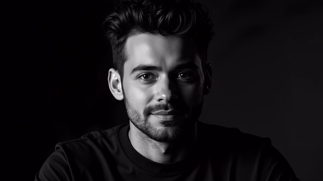 A captivating black-and-white portrait of a man with a confident smile, featuring high contrast and a dark background that highlights his facial features.