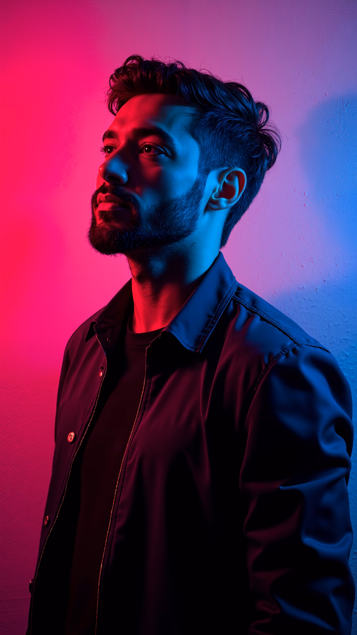 A man's portrait under neon lighting creates a mysterious and intense atmosphere with vibrant red and blue colors contrasting against his dark attire.