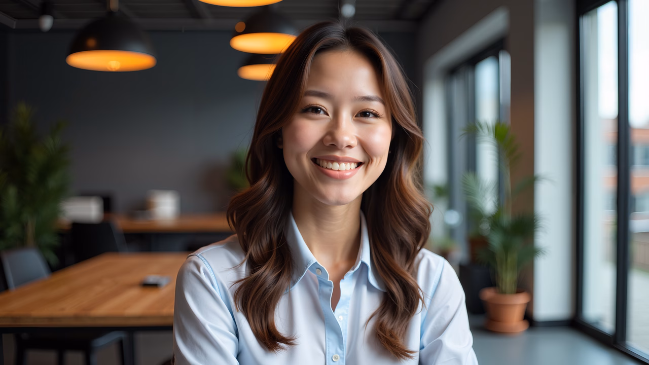 A young woman smiles warmly in a modern office environment, creating a professional and inviting atmosphere with natural light and stylish decor.