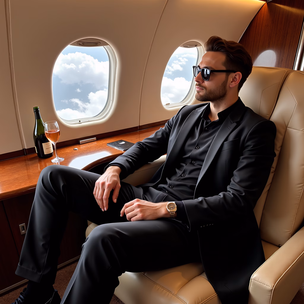 A man in a black suit sits in a private jet, enjoying the view and a glass of champagne, exuding luxury and relaxation.