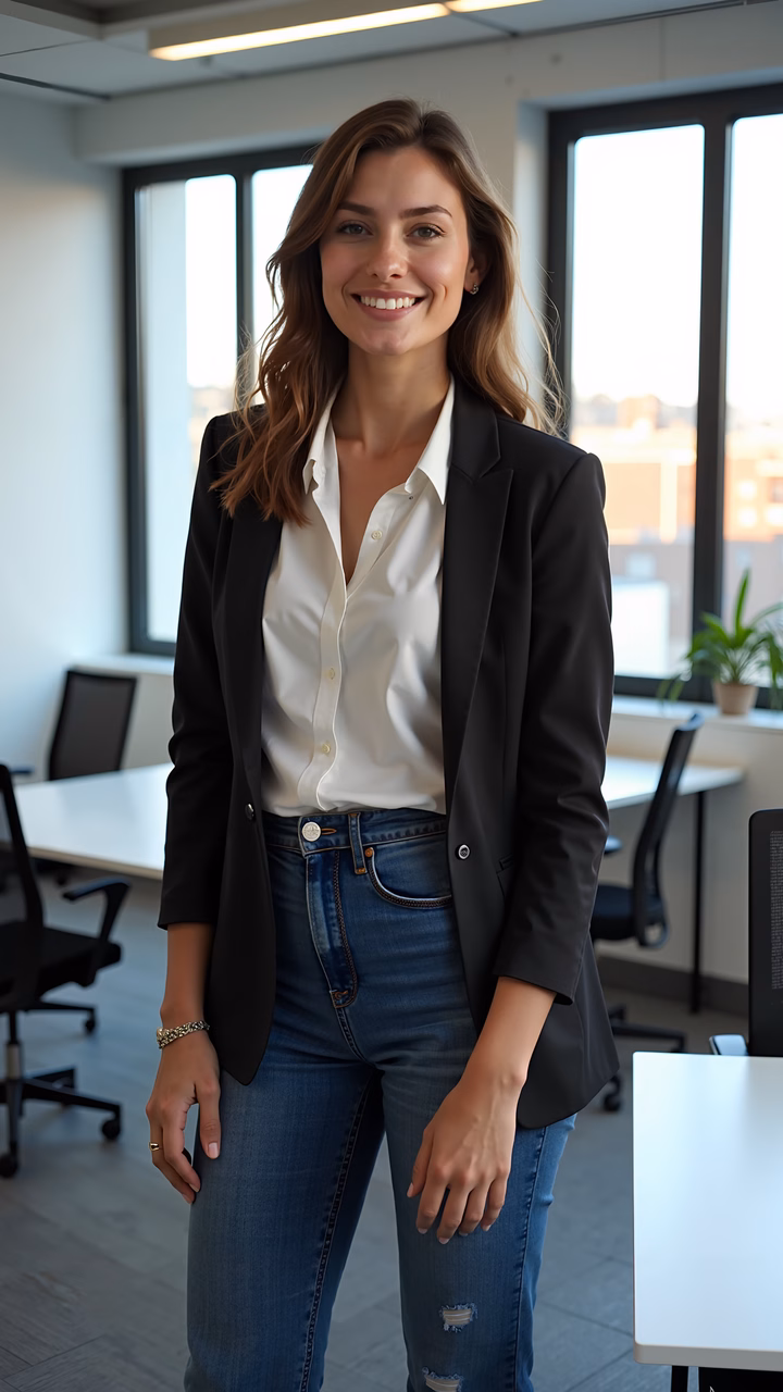 A professional woman in a black blazer and white shirt stands confidently in a modern, well-lit office, exuding competence and positivity.