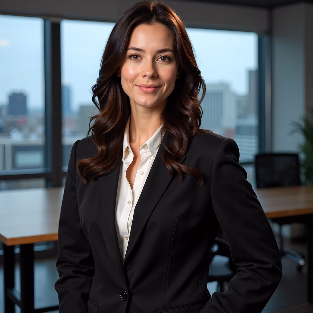 A professional woman in a black blazer and white shirt stands confidently in a modern office with large windows and a city view, exuding professionalism.