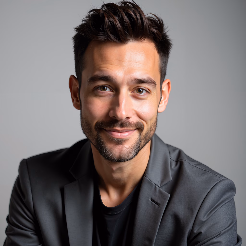 A professionally lit portrait of a man with dark hair and a beard, wearing a black suit jacket, set against a neutral gray background.