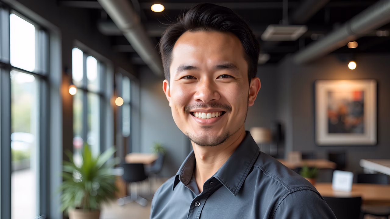 A smiling man in a gray shirt stands in a well-lit modern office, exuding a cheerful and professional vibe with large windows and greenery in the background.