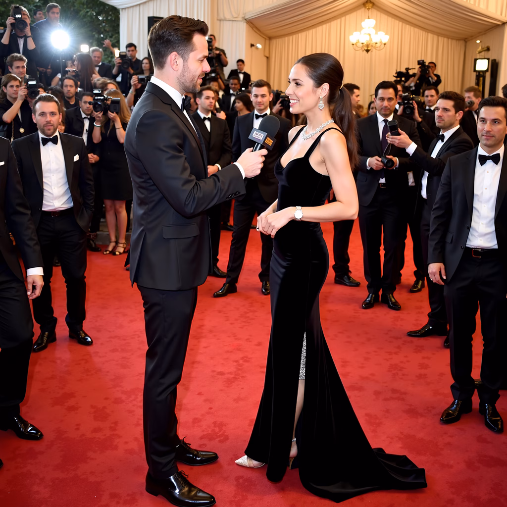 A female celebrity in a stunning black dress is interviewed on a red carpet at a glamorous event, surrounded by photographers and formally dressed attendees.