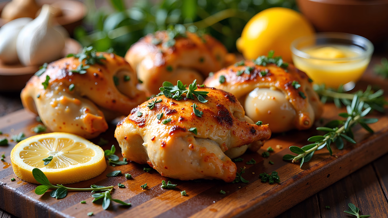 A delectable photo of roasted chicken with lemon and herbs, presented on a wooden cutting board, evoking warmth and culinary delight.