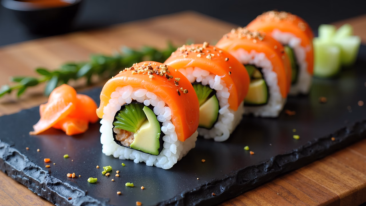 A mouthwatering display of salmon sushi rolls on a black slate board, garnished with sesame seeds and accompanied by ginger and wasabi.