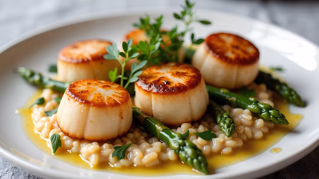 Seared Scallops With Asparagus And Pearl Barley
