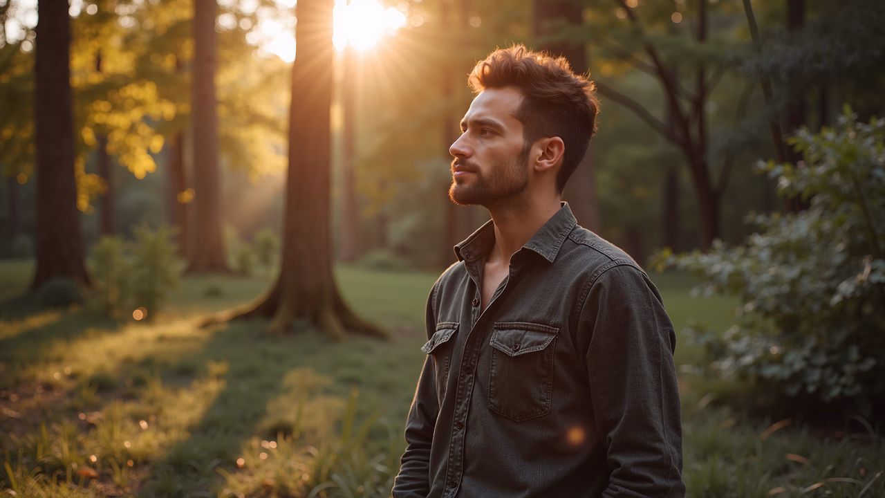 A man in a denim shirt stands in a sunlit forest during golden hour, creating a serene and contemplative atmosphere amidst lush greenery.
