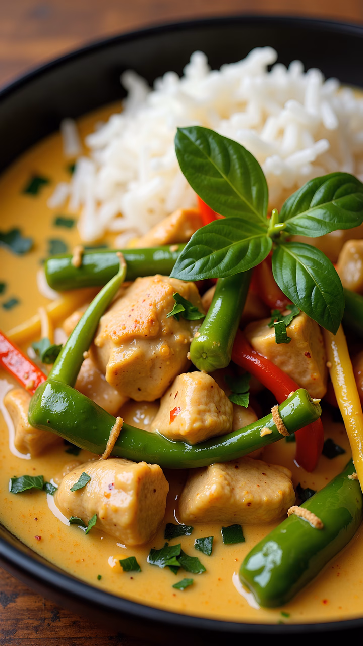 A mouthwatering Thai curry with chicken, vegetables, and basil, served with white rice. The bright colors and creamy texture make it visually appealing.