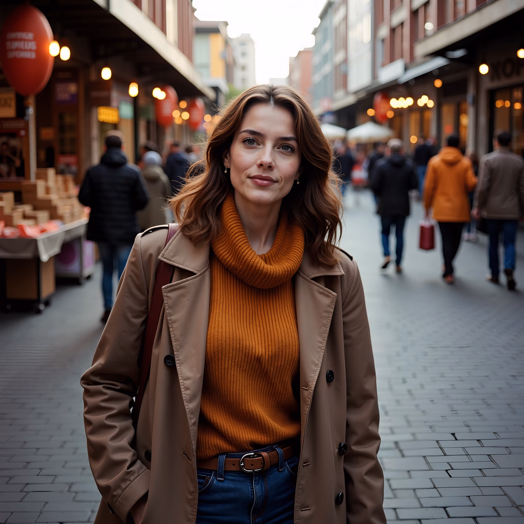 A woman in a beige trench coat and orange turtleneck stands confidently on a lively city street, surrounded by shops and pedestrians, creating a cozy and elegant scene.