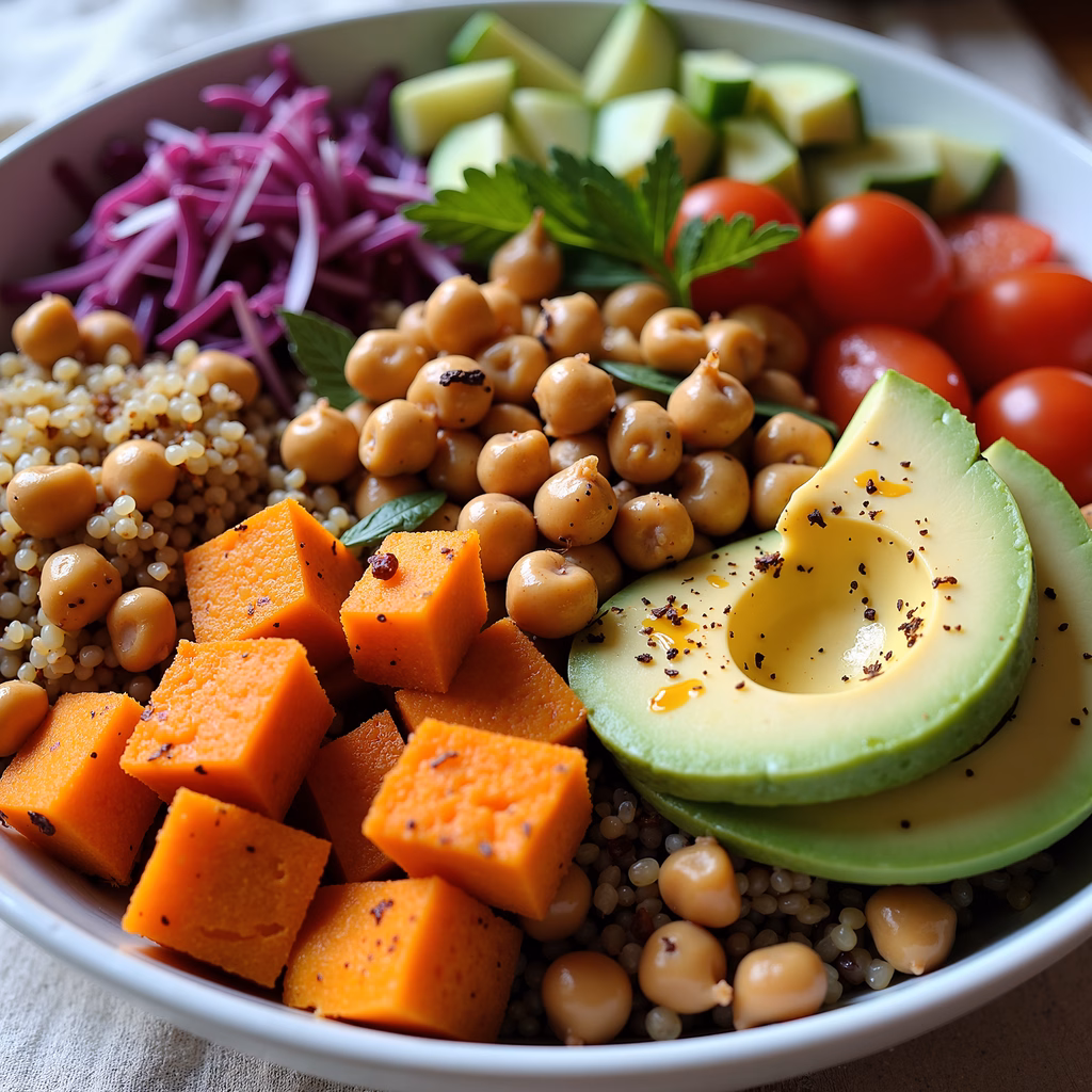 A vibrant illustration of a vegan bowl featuring sweet potato, avocado, chickpeas, quinoa, cabbage, tomatoes, and herbs, promoting a healthy lifestyle.